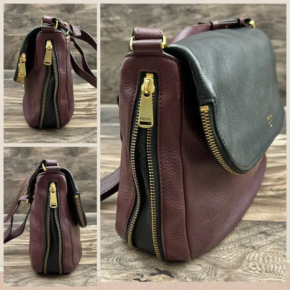 Fossil Leather Zipper Crossbody Shoulder Satchel Saddle Bag Black Burgundy - Picture 8 of 14